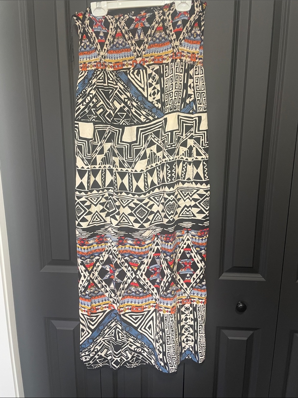 Angie Black & Cream Strapless Maxi Boho Dress with Blue & Orange Accents
